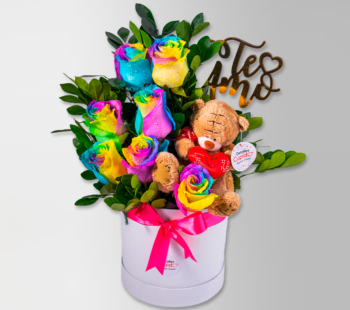 7 rosas arcoiris + Peluche en box