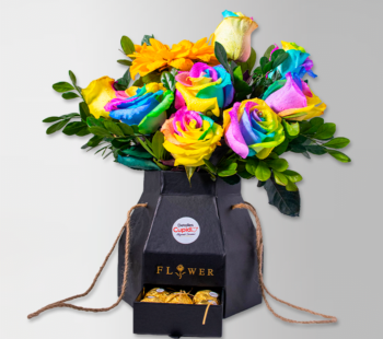 Arreglo arcoiris en rosas + Girasol + Ferreros