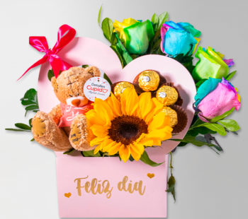 5 rosas arcoiris + Ferreros +Peluche en Caja