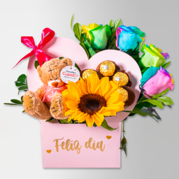 5 rosas arcoiris + Ferreros +Peluche en Caja