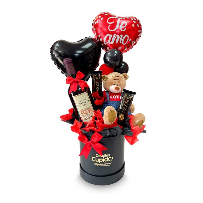 Peluche + vino + chocolates + globos en box