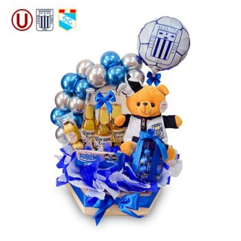 Peluche + 3 cervezas + chocolates + globos en bandeja de pino
