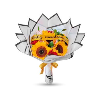 5 girasoles + 4 rosas + cinta personalizada