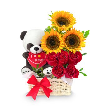 5 rosas + 3 girasoles + peluche en canasta