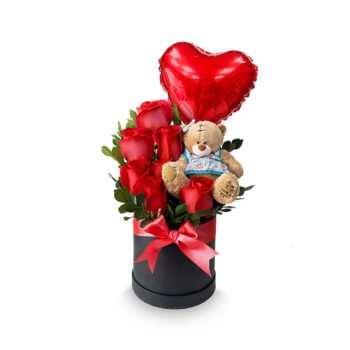 7 Rosas + peluche + globo en box