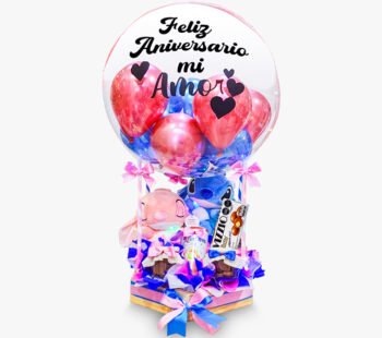 Peluches + corona + vizzio + galletas + globo burbuja en bandeja