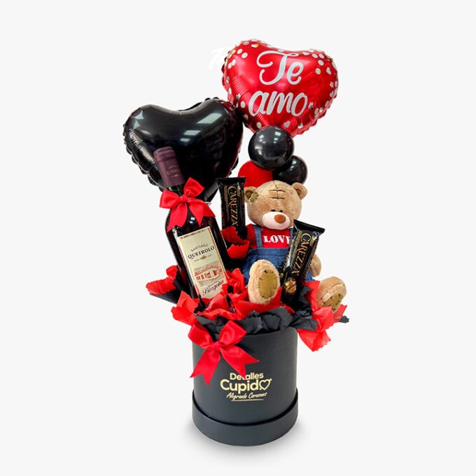 Peluche + vino + chocolates + globos en box