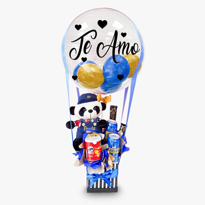 Peluche + chocolates + 2 latas de cerveza + pringles + globo burbuja en box
