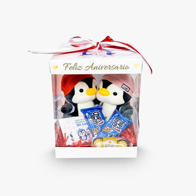 BOX Pingüinos 2 Peluches + galletas + chocolates ferrero