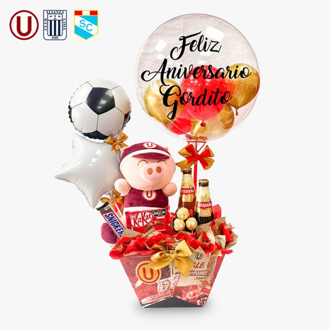 Peluche + 2 cervezas + chocolates + globo burbuja en caja