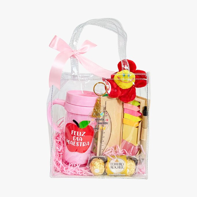 Cartera mica + Vaso Mug + Set pos-it+ chocolate Ferrero + llavero+ flor de peluche
