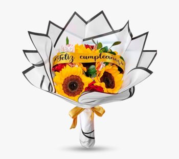 5 girasoles + 4 rosas + cinta personalizada