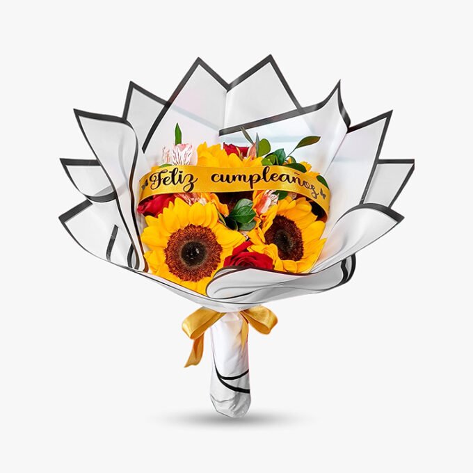 5 girasoles + 4 rosas + cinta personalizada