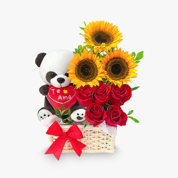 5 Rosas + 3 girasoles + peluche en canasta