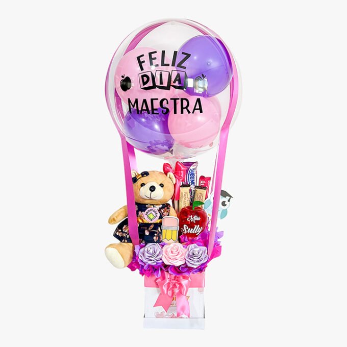 Peluche profesor + chocolates+ rosas eternas + manzana acrílica + globo