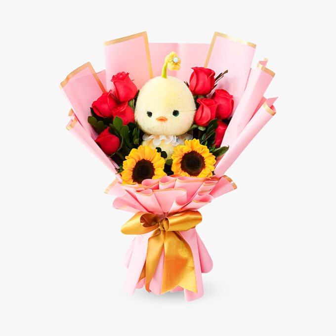 Ramo x 8 rosas + 2 girasoles + peluche