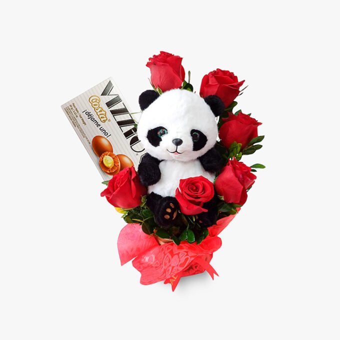 6 Rosas peluche panda + chocolate vizzio en maceta