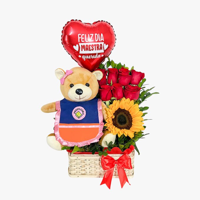 Peluche + 7 rosas + girasol+ globo en canasta