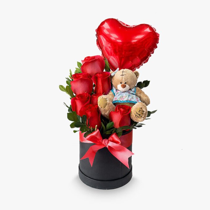 7 Rosas + peluche + globo en box