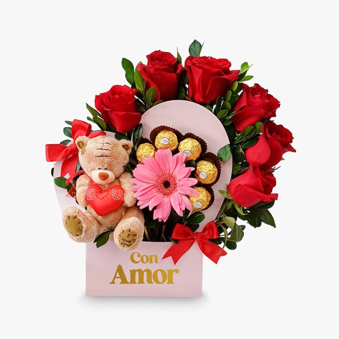 Arreglo corazón con 5 rosas + osito + 5 chocolates Ferrero