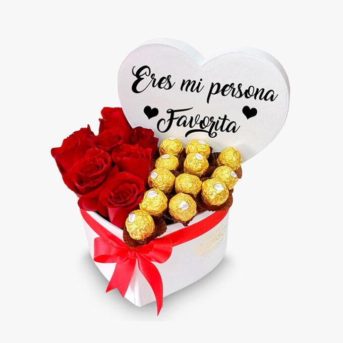 8 Rosas + 12 bombones Ferrero en caja corazón