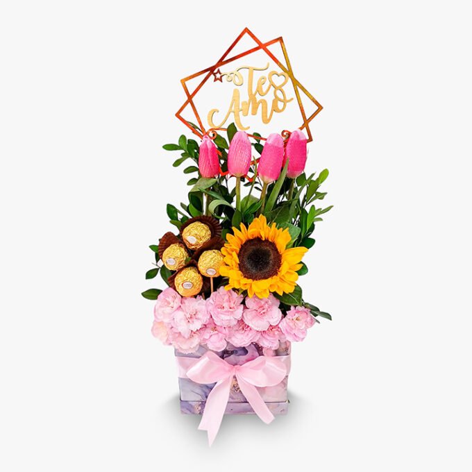 4 Tulipanes + flores + bombones Ferrero