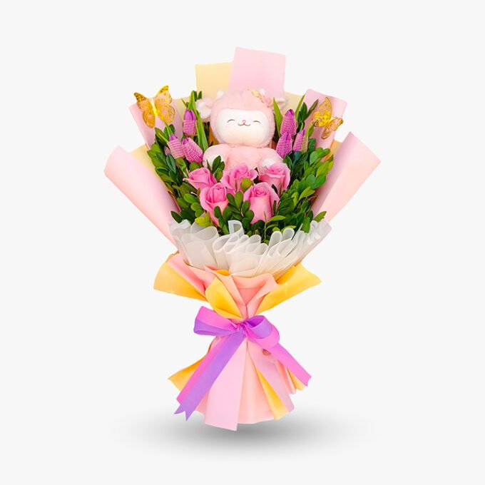 6 Tulipanes+ 5 rosas + peluche en ramo