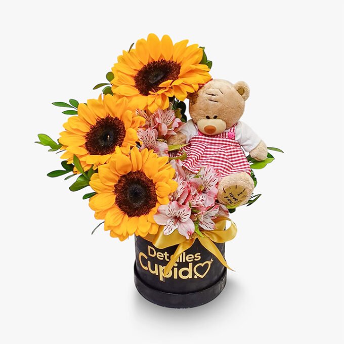 Box con x 3 girasoles+ osito y flores