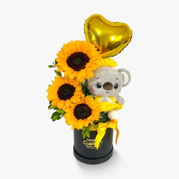 Box con x 3 girasoles+ peluche + globo