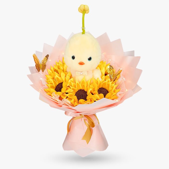 Ramo con 6 girasoles+ peluche pollito + luces