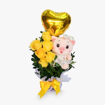 Arreglo x 6 rosas amarillas + peluche + globo