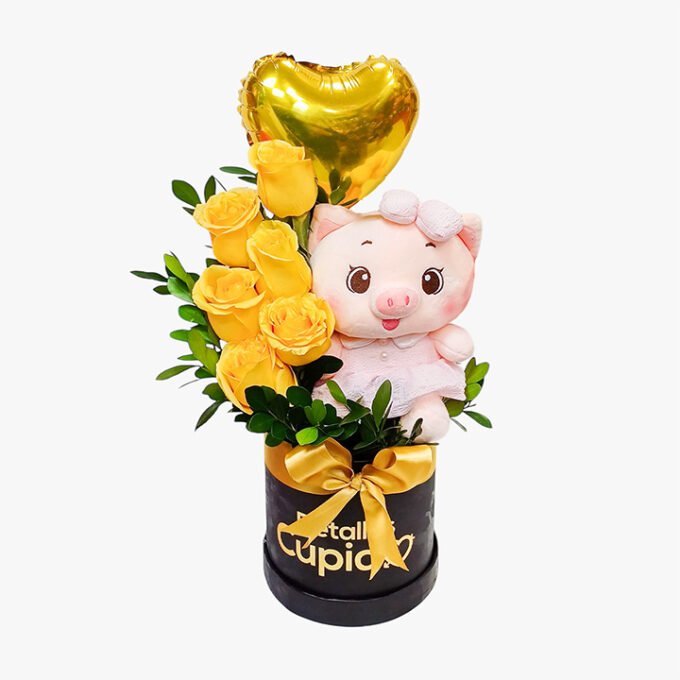 Box con 7 rosas amarillas + peluche